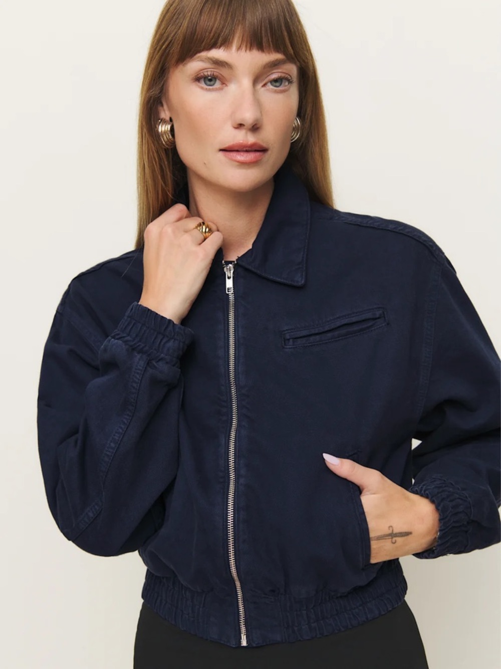 NWT Reformation Kinsley Denim Cropped Navy Bomber Jacket